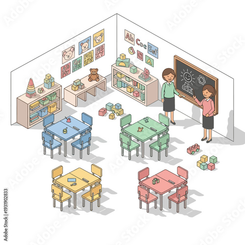 Childrens Classroom with Tables and Teacher.
