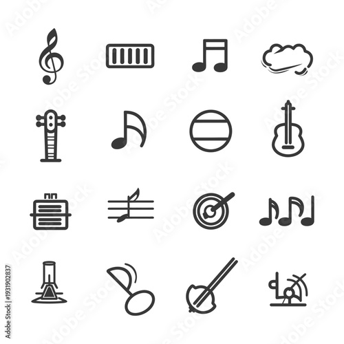 Set of 16 Music Icons in Black and White