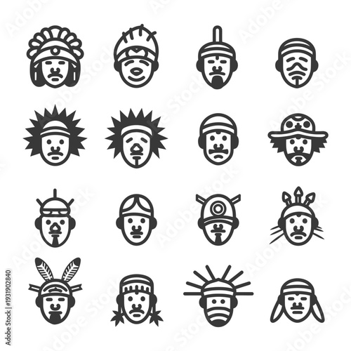 Set of 16 Native American Head Icons
