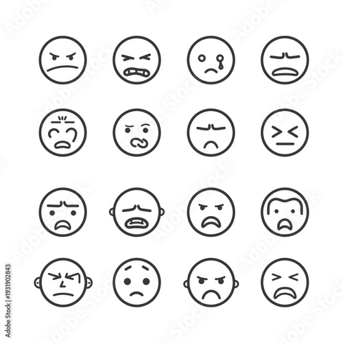 Set of 16 Negative Emotion Emojis in Line Art Style