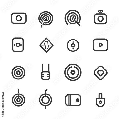 Set of 16 Outline Icons for Technology, Security, and Media