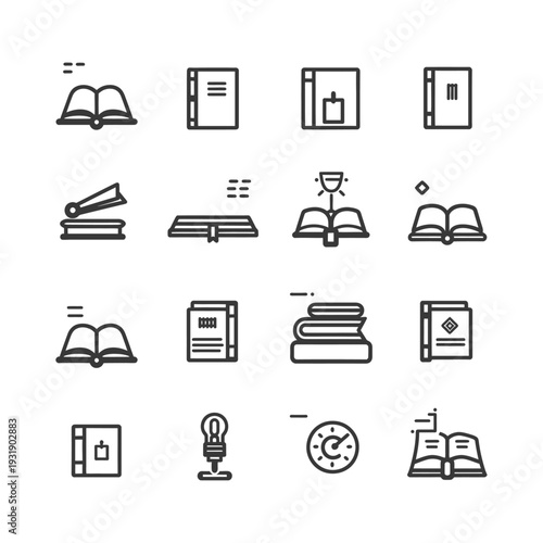 Set of 16 Outline Icons Related to Books and Reading