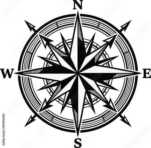 Compass rose navigation silhouettes illustration vector geography direction map maritime graphics, orientation design concept, black and white creative art collection
