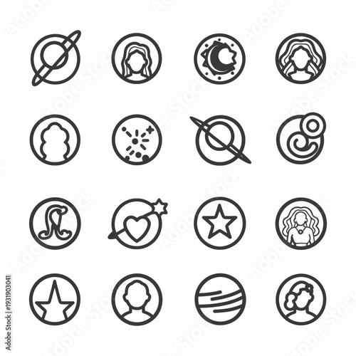 Set of 16 Simple Circular Line Icons Depicting Zodiac Signs, Hearts, Stars and Planets