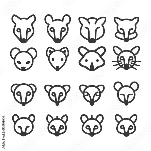 Set of 16 Simple Line Animal Head Icons, Including Mice, Foxes, and Raccoons