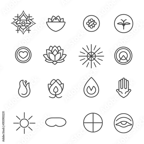 Set of 16 Simple Line Icons for Wellness, Spirituality and Nature