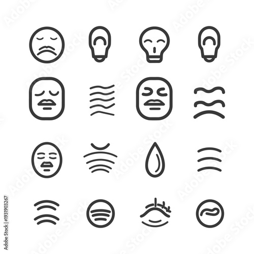 Set of 16 Simple Line Icons Representing Facial Expressions and Waves