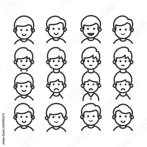 Set of 16 Simple Male Avatar Icons with Different Expressions
