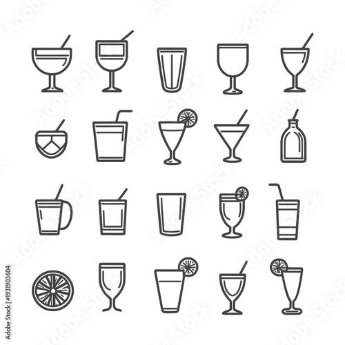 Set of 20 Hand Drawn Drink Icons with Straws and Citrus