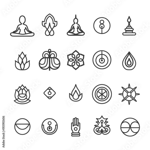 Set of 20 Line Art Icons of Spiritual and Yoga Symbols