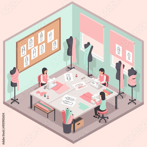 Fashion Design Studio with People Working on Sewing Projects.