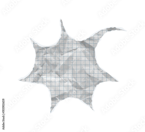 Torn paper speech bubble. Star shape vector ripped chat balloon. Crumpled notebook checkered sheet texture, folded collage effect talk sun dialogue text. White empty dialog spiky cloud element
