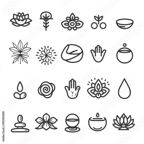 Set of 20 line icons related to yoga, meditation, and relaxation