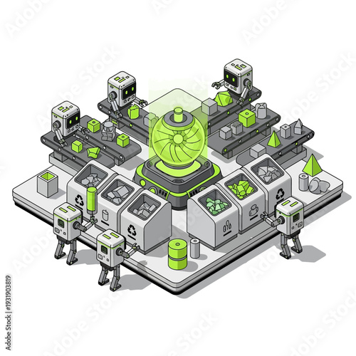 Futuristic Robot Factory Producing Green Energy Core.