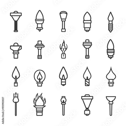 Set of 20 Outline Icons Representing Different Types of Flames and Lights