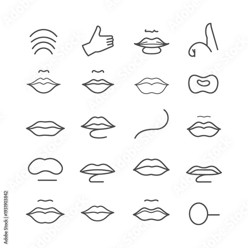 Set of 20 Outline Icons of Lips and Mouths