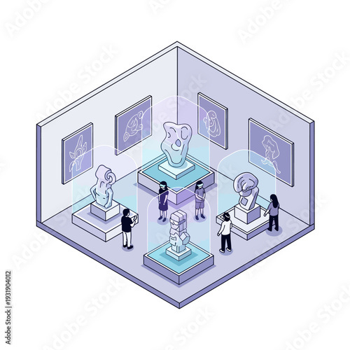 Isometric Art Gallery Exhibition with Visitors Viewing Sculptures.