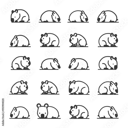 Set of 20 Simple Wombat Line Drawings in Different Poses