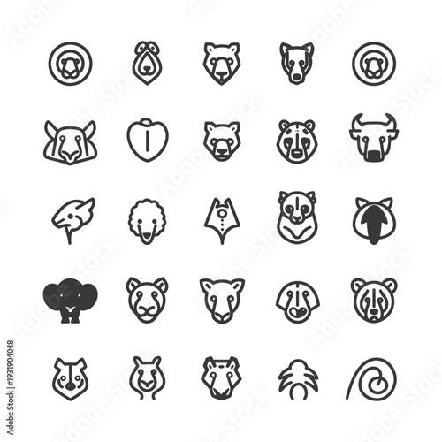 Set of 25 Animal Head Line Icons
