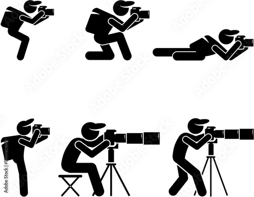 Stick figures depicting photographers in various poses and with different camera setups, including standing, kneeling, lying down, and using tripods.