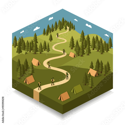 Isometric Hiking Trail with Campgrounds and Trekkers.