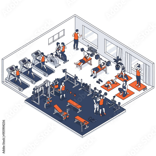 Isometric Gym Interior with People Exercising and Training.