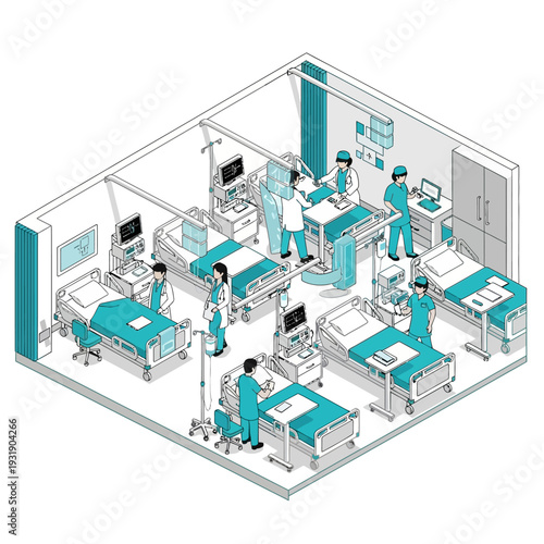 Isometric Hospital Ward with Medical Staff and Patients.