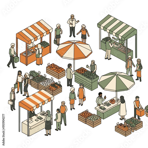 Isometric Illustration of a Bustling Outdoor Farmers Market Scene.