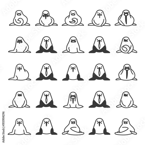 Set of 25 Simple Walrus Line Icons in Black and White