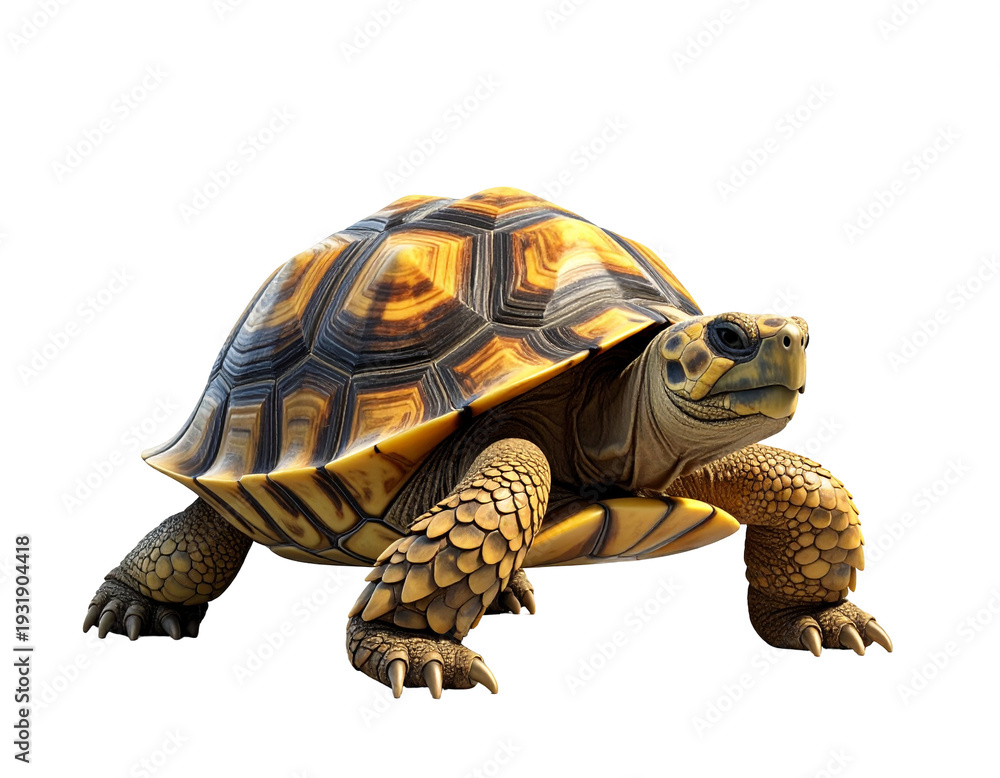 Obraz premium Animated turtle with vibrant patterned shell in full shot, warm golden hues and textured scales