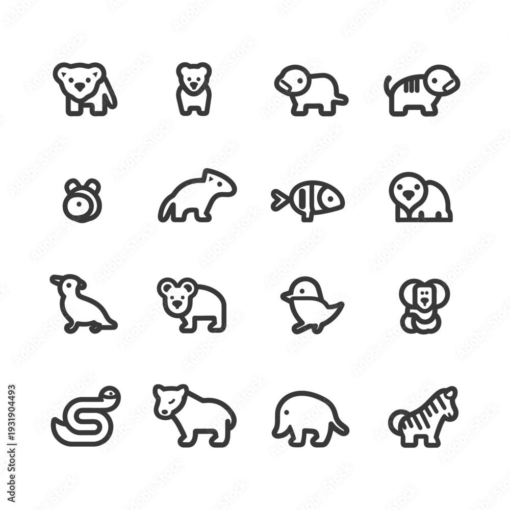Fototapeta premium Set of Animal Icons in Black and White Outline Style