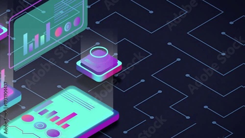 Futuristic circuit board with neon cube in motion on dark background