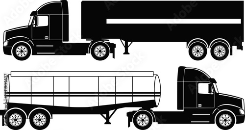Black silhouette collection of heavy duty semi trucks including a large freight container trailer and a fuel tanker isolated on white background for logistics