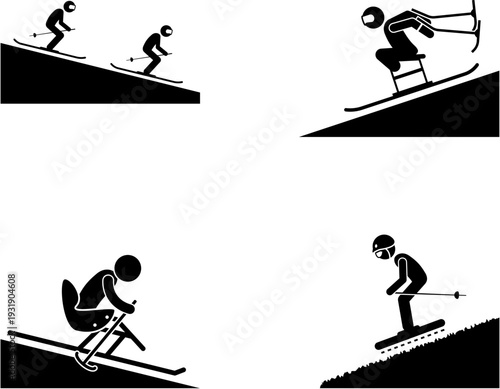 Stick figures depicting various forms of skiing, including traditional downhill skiing and adaptive sit-skiing for people with disabilities, on snowy slopes.