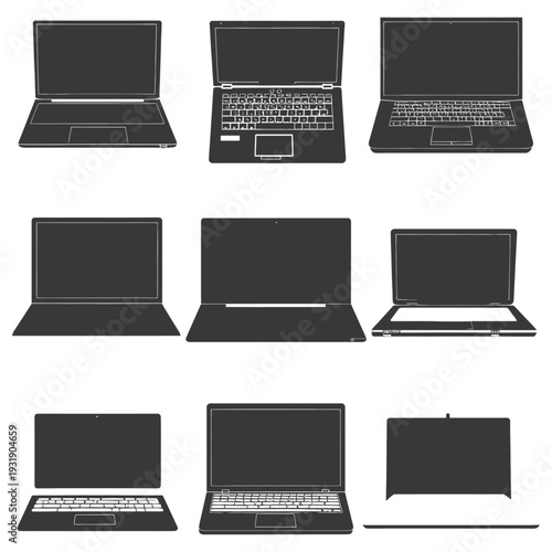 Set of Black and White Laptop Silhouettes in Different Positions