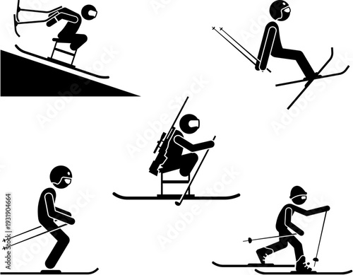 Collection of stick figures depicting various skiing activities and poses on snow.