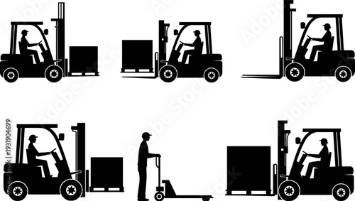 Black silhouette collection of industrial forklift operators lifting cardboard boxes on pallets and a warehouse worker using a manual pallet jack on white background