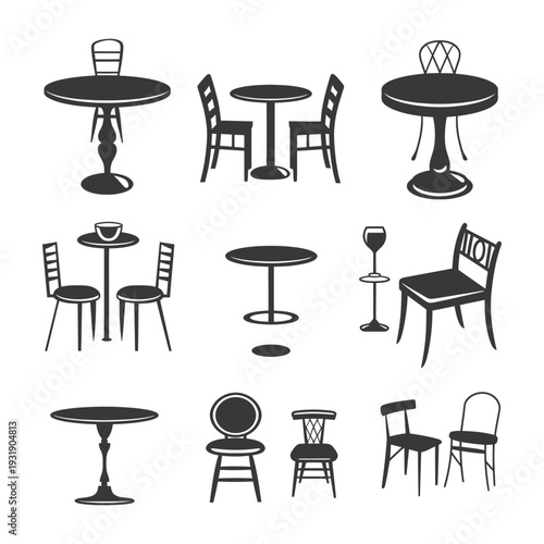 Set of Black and White Table and Chair Silhouette Icons