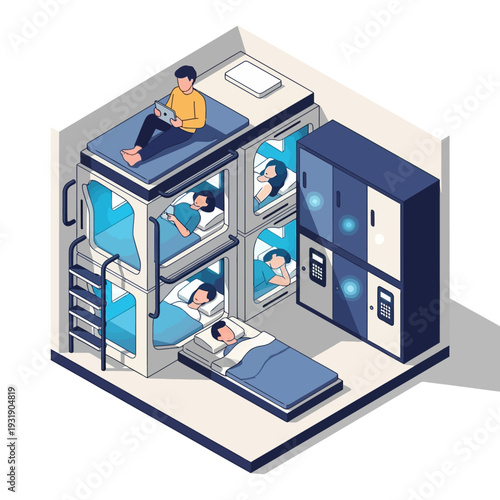 Modern Capsule Hotel Interior with Sleeping Pods and Lockers.