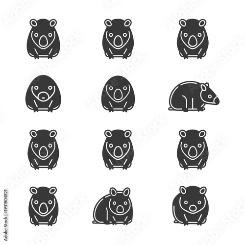 Set of black and white wombat icons