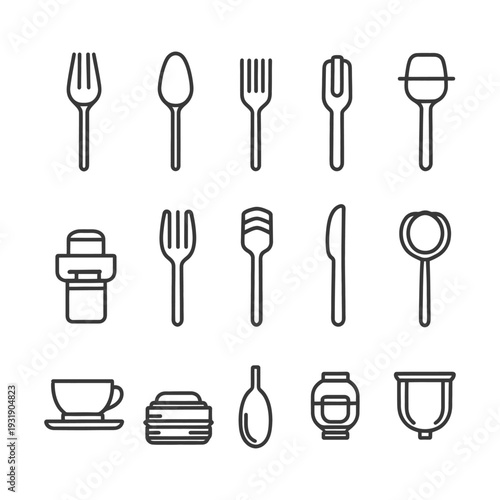 Set of Black Line Icons for Dining Utensils and Beverages