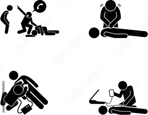 Stick figures illustrate emergency first aid procedures including calling for help, performing CPR, using an AED, and medical monitoring.