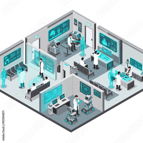 Modern Futuristic Medical Laboratory with Scientists and Technology.