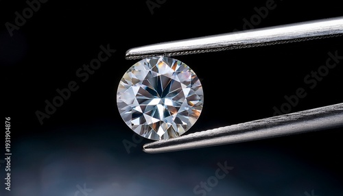 a diamond held with tweezers showcasing a round brilliant cut