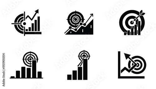 KPI Performance and Revenue Growth Icon Set with Target Bullseye, Financial Chart, Marketing Analytics, Success Tracking and Business Strategy Silhouette Vector Collection