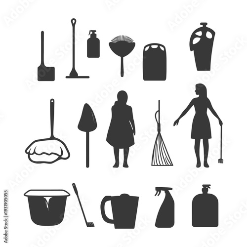 Set of Cleaning Tools and Supplies Silhouettes
