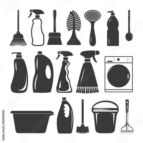 Set of Cleaning Supplies Icons in Black Silhouette