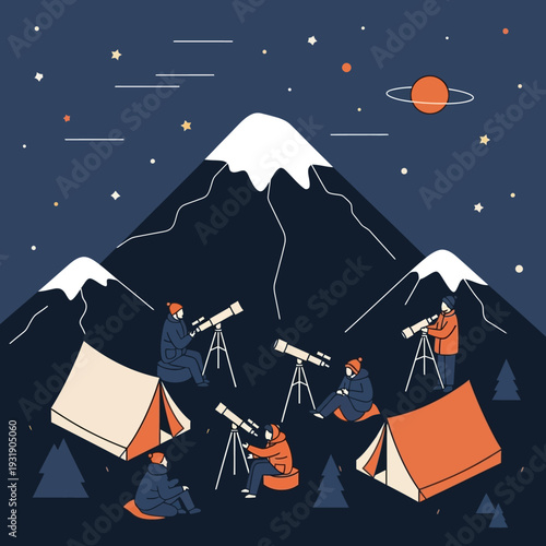 People stargazing with telescopes near mountains and tents.