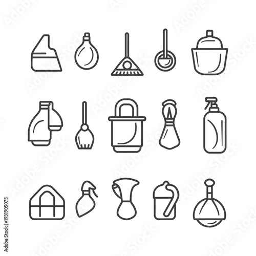 Set of Cleaning Supply Icons in Outline Style