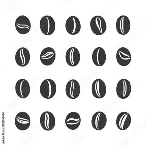 Set of Coffee Bean Icons in Different Shapes and Orientations